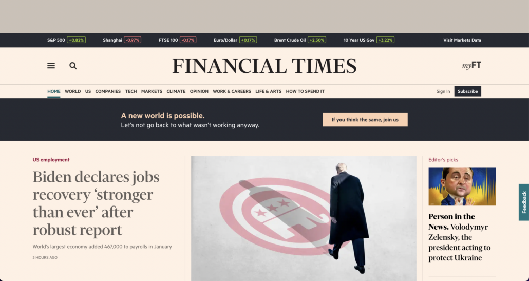 Screenshot of the Financial Times homepage with Adblock Plus on.