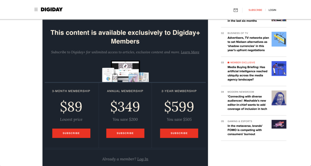 Example of Digiday using a freemium paywall (part 2).