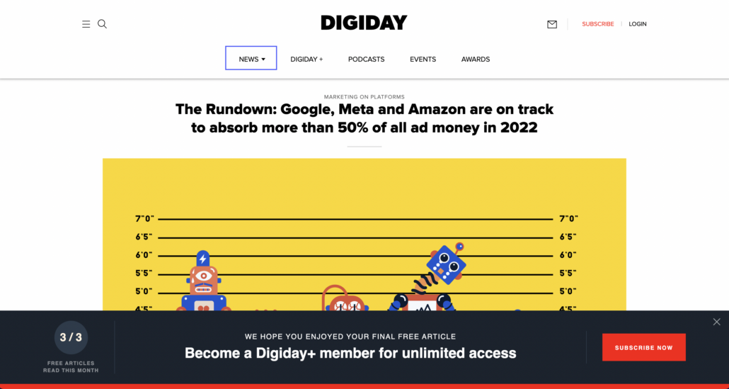 Example of Digiday using a soft paywall.