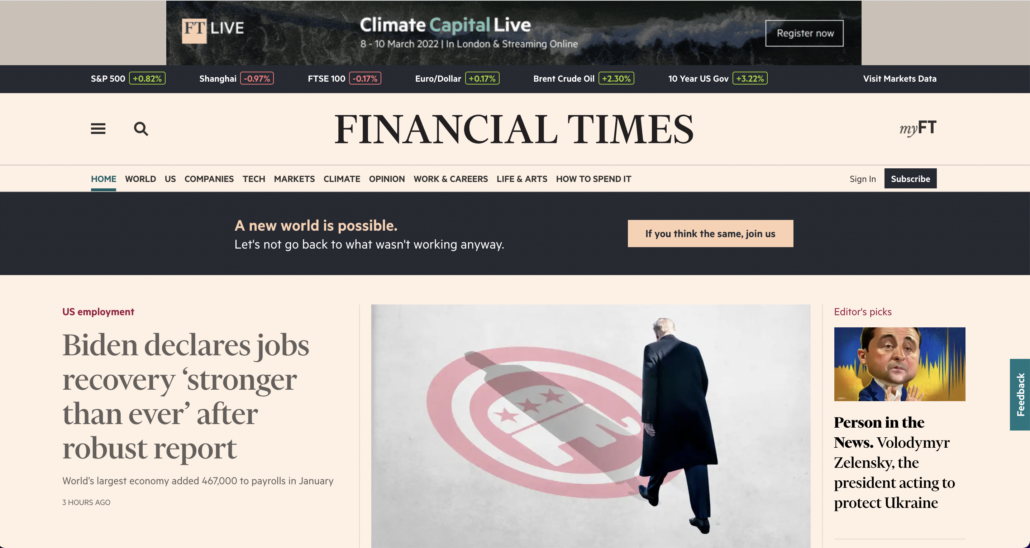 Screenshot of the Financial Times homepage with Adblock Plus off.