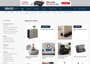 Brad's Deals' homepage with an adblocker off