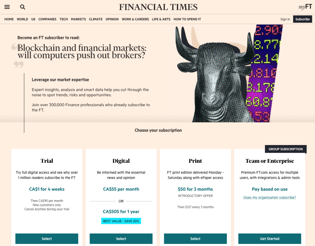 Page out of the FT that shows their hard paywall