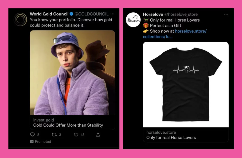 Examples of bad ad experiences on Twitter where users saw irrelevant advertisements on gold investments and a horse lover t-shirt