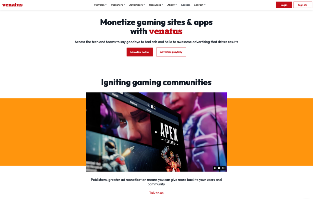 Screenshot of Venatus' homepage, showing their purpose as well as brands they work with.